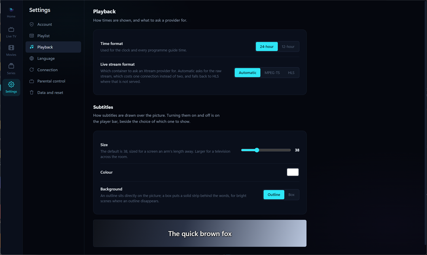 SmartX Player's playback settings: time format, live stream format, and subtitle size, colour and background with a live sample.